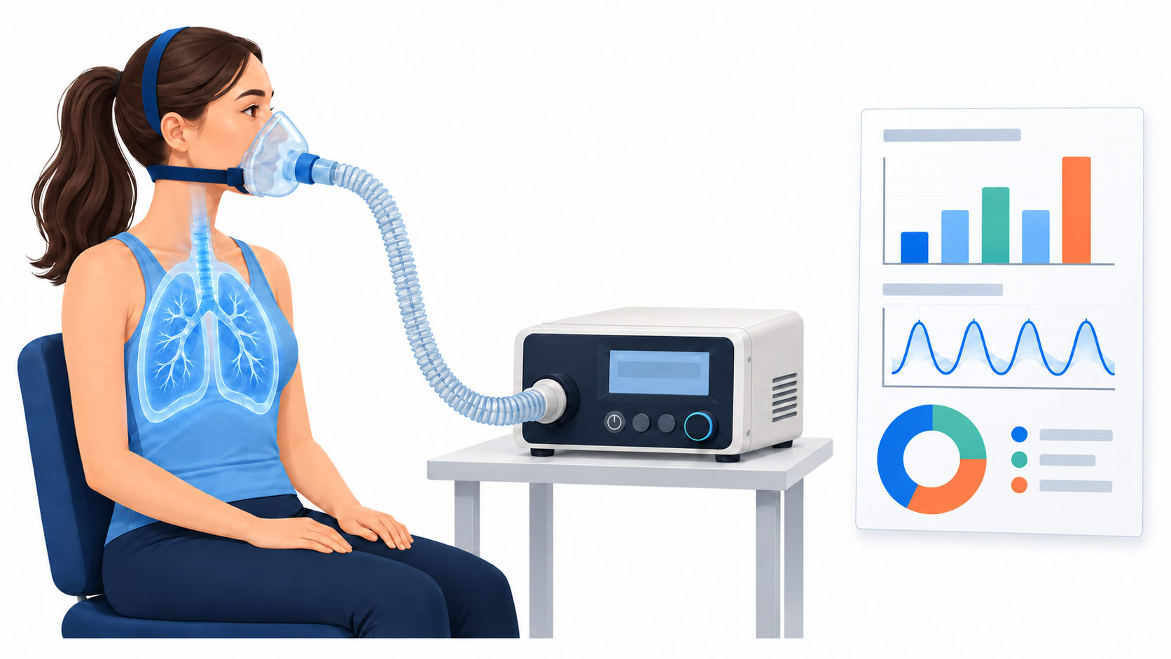 Illustration of a resting metabolic rate test with a respiratory mask, analyzer and MetaCheck report